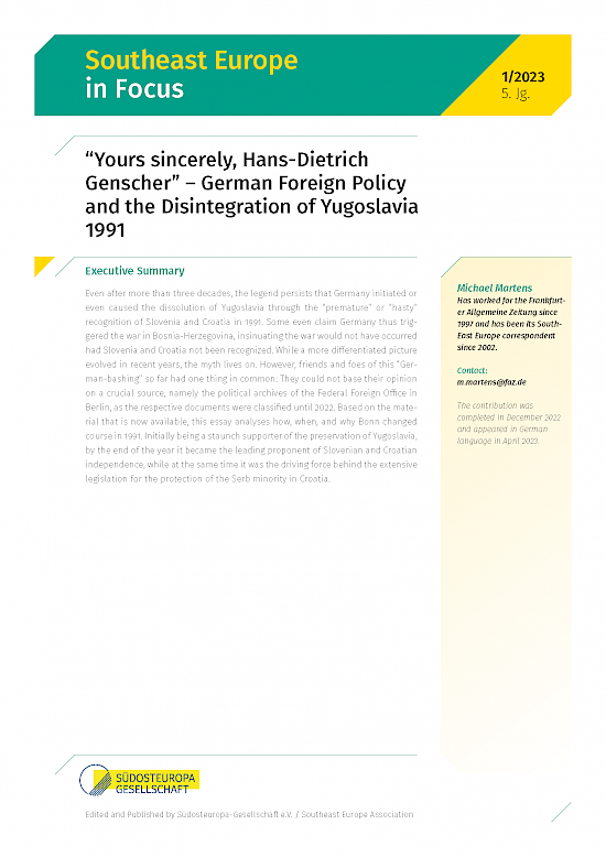 die erste Seite von "'Yours sincerely, Hans-Dietrich Genscher' – German Foreign Policy and the Disintegration of Yugoslavia 1991"