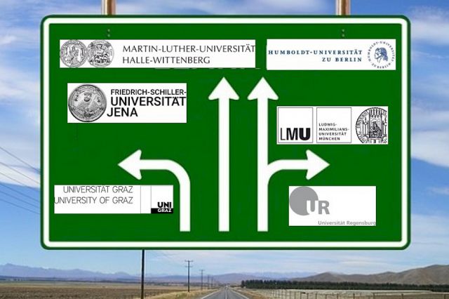 ein Schild mit wegweisenden Pfeilen zu verschiedenen Universitäten